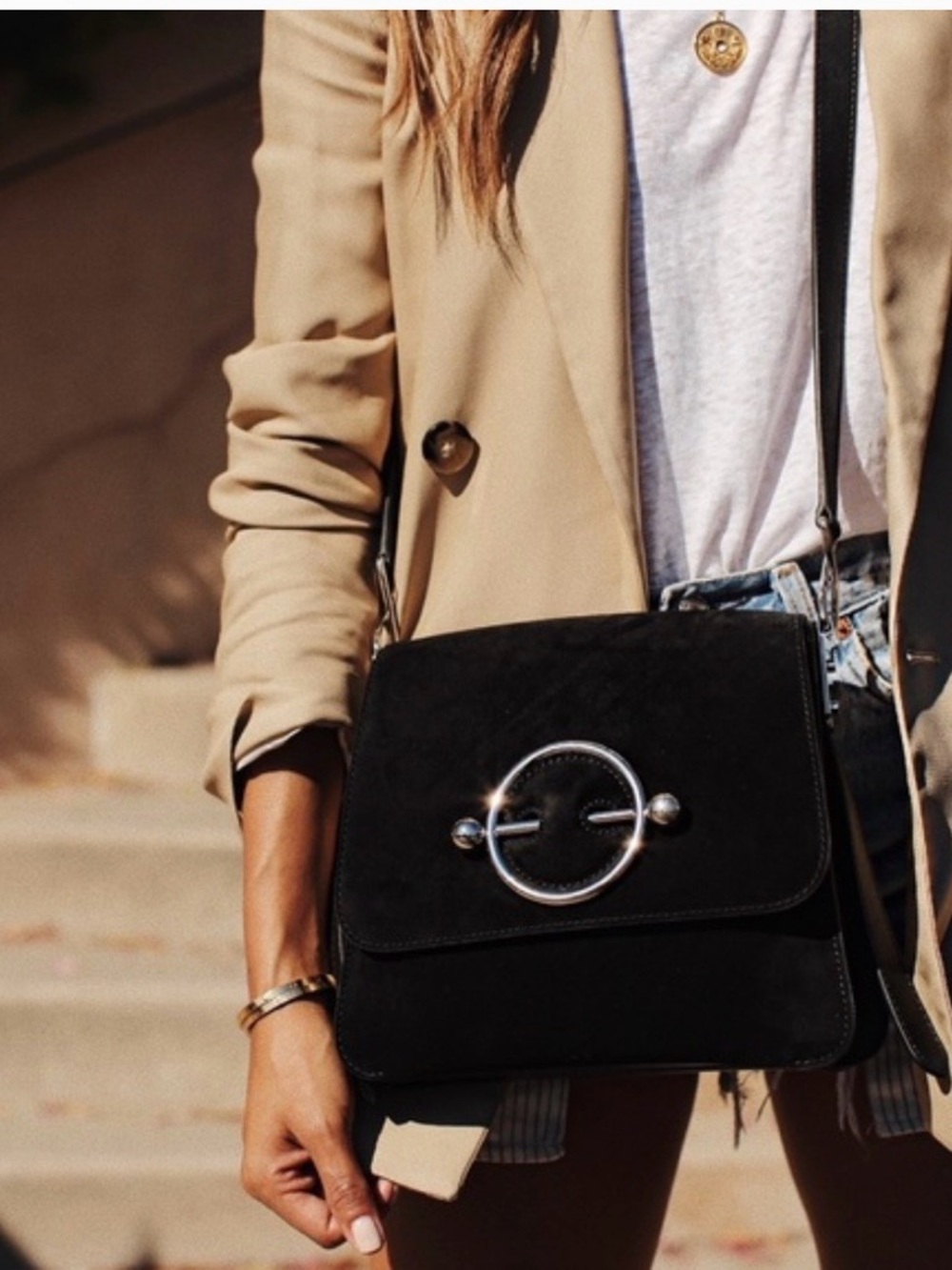 JW ANDERSON Black Leather Disc Crossbody with Silver Ring Detail